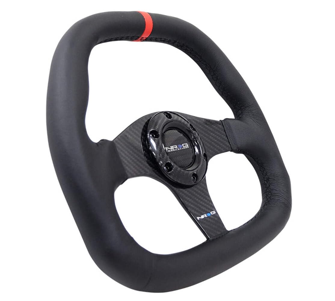 NRG Innovations Carbon Fiber Steering Wheel NRG-ST-019CF-R 320MM BLACK Carbon Fiber Center with Black Stitch RED Center Mark FLAT BOTTOM