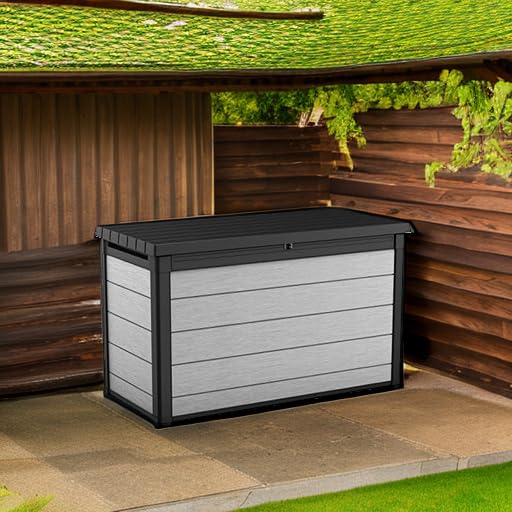 Keter 200 Gallon Denali Resin Large Deck Box with Double Wall 20mm Panels - Paintable and Drillable-Organization and Storage for Patio Furniture and Outdoor Items, Grey & Black