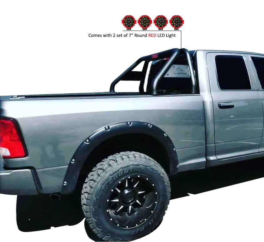 Classic Black Horse Roll Bar Incl. Pair of 7.0" Dia. Led Lights w/Red Trim Rings Compatible with 19-24 Ram 1500 Excludes Classic models-RB002BK-PLR