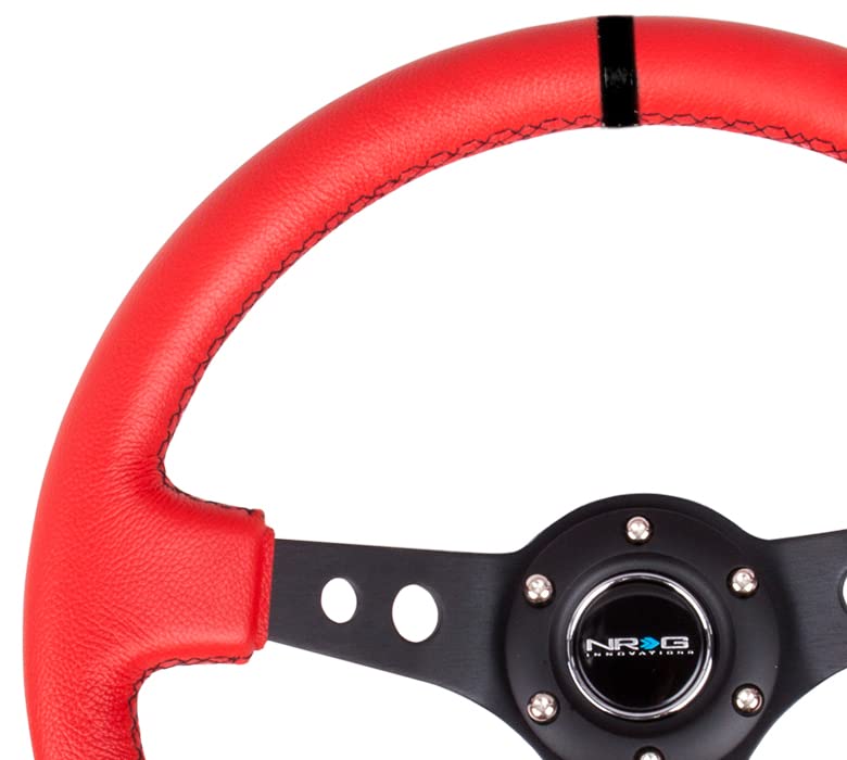 NRG Innovations Reinforced Steering Wheel NRG-RST-006RR-BS-B 350mm Sport Steering Wheel (3" Deep) Black Spoke With Suede Finish And Black Stitch, Red Leather/Black Round Holes