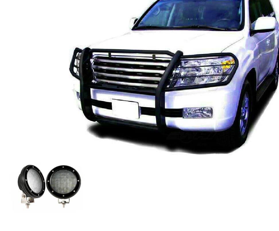 Black Horse Grille Brush Modular Bumper Guard Black Come with Pair of 5.3" Dia.LED Lights with Black Trim Rings Compatible with 1998-2007 Toyota Land Cruiser-17SG598MA-PLFB