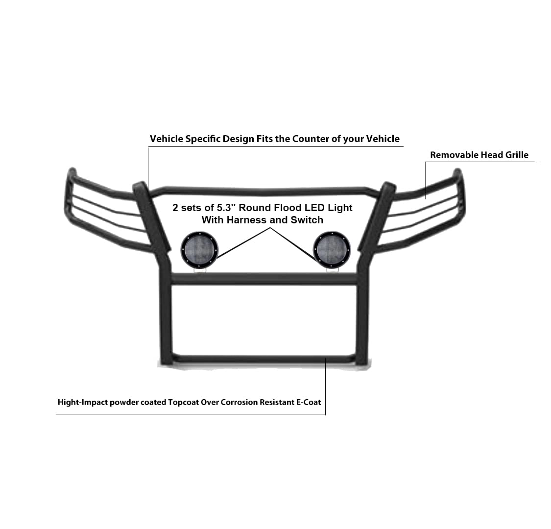 Grille Brush Black Horse Bumper Guard Modular Black Come with Pair of 5.3" Dia.LED Lights with Black Trim Rings Compatible with 2015-2022 Colorado/Canyon(Excludes ZR2 submodel)-17GC15MA-PLFB
