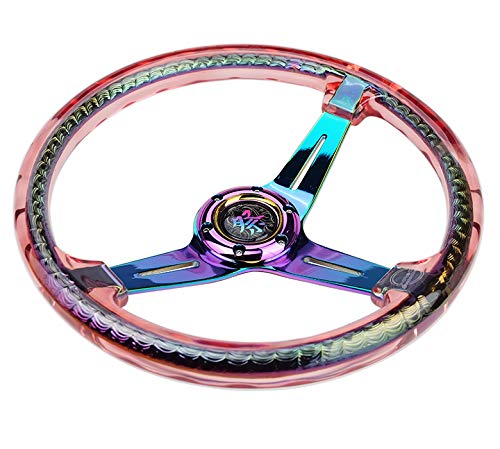 NRG Innovations Reinforced Steering Wheel NRG-RST-027MC-RD 350mm 2" Deep Dish Clear Acrylic in Red and NeoChrome Spoke Finish with Slits