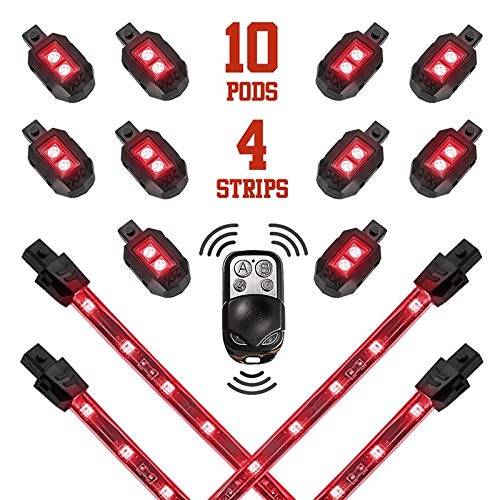 XKGLOW RED 2nd Gen 10 Compact Pod + 4 Flex Strips Motorcycle Engine & Ground Neon Accent Light Kit with 4-Key Remote