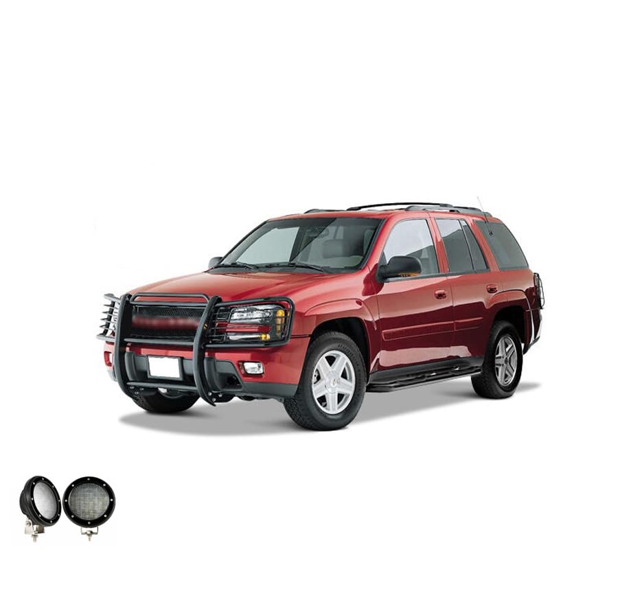 Grille Brush Black Horse Bumper Guard Modular Black Come with Pair of 5.3" Dia.LED Lights with Black Trim Rings Compatible with 2002-2009 Trailblazer|2002-2006 Trailblazer EXT-17GK26MA-PLFB