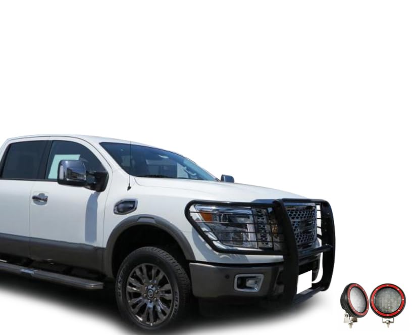 Bumper Guard Modular Black Black Horse Grille Brush Come with Pair of 5.3" Dia.LED Lights with Red Trim Rings Compatible with 2017-2024 Nissan Titan-17NR27MA-PLFR