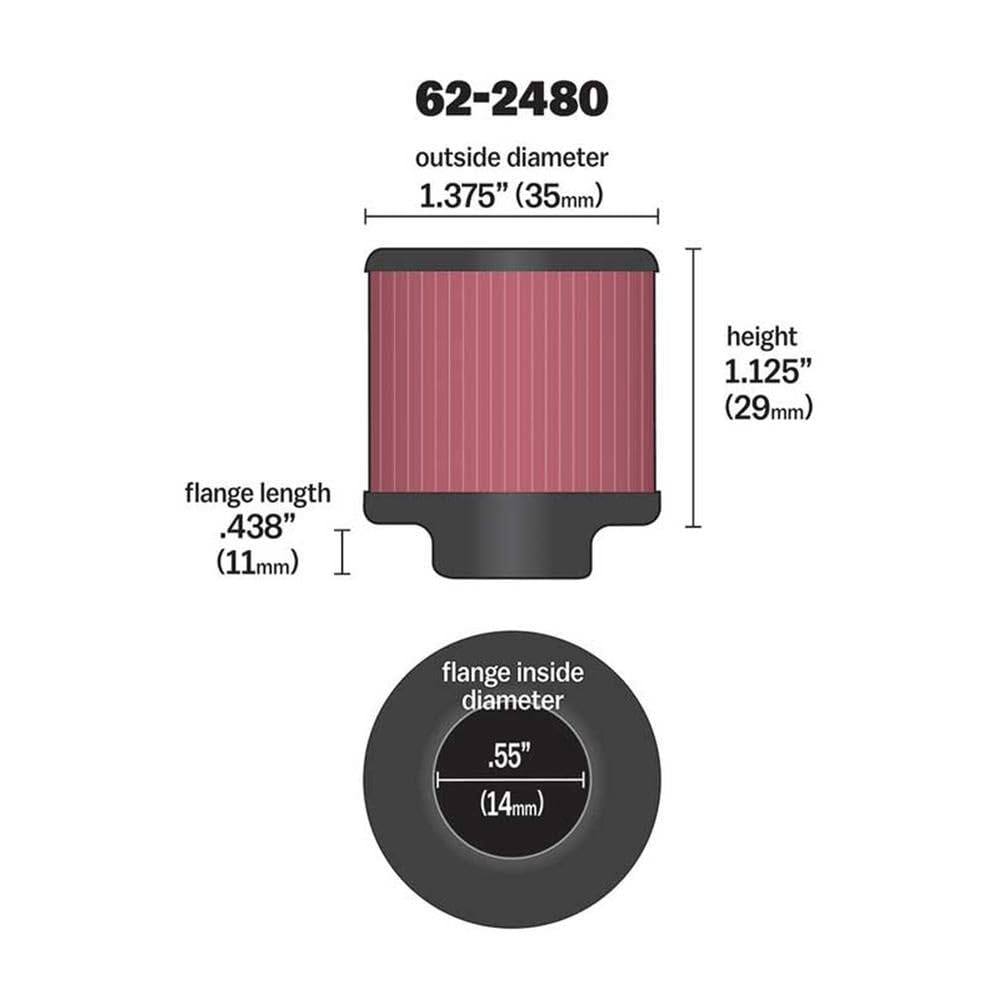 K&N Air Filter/Breather Vent: High Performance, Premium, Washable, Replacement Engine Filter: Flange Diameter: 0.5 in, Filter Height: 1.125 in, Flange Length: 0.438 in, Shape: Breather, 62-2480