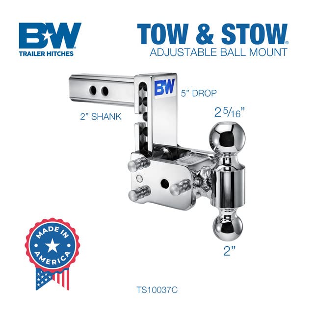 B&W Trailer Hitches Adjustable Chrome Tow & Stow Trailer Hitch Ball Mount - Fits 2" Receiver, Dual Ball (2" x 2-5/16"), 5" Drop, 10,000 GTW - TS10037C