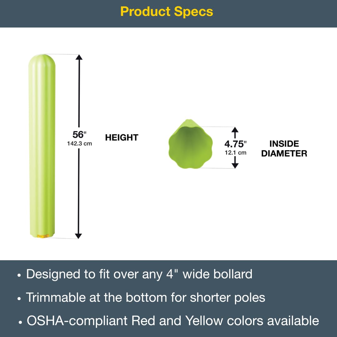 Bollard Covers Eagle for 4 Inch Poles - 56" Tall, Durable Fluted HDPE Plastic - Trimmable Lime Green Bollard Post Sleeve for Parking Lots, Warehouses, and Loading Docks, 1732LM