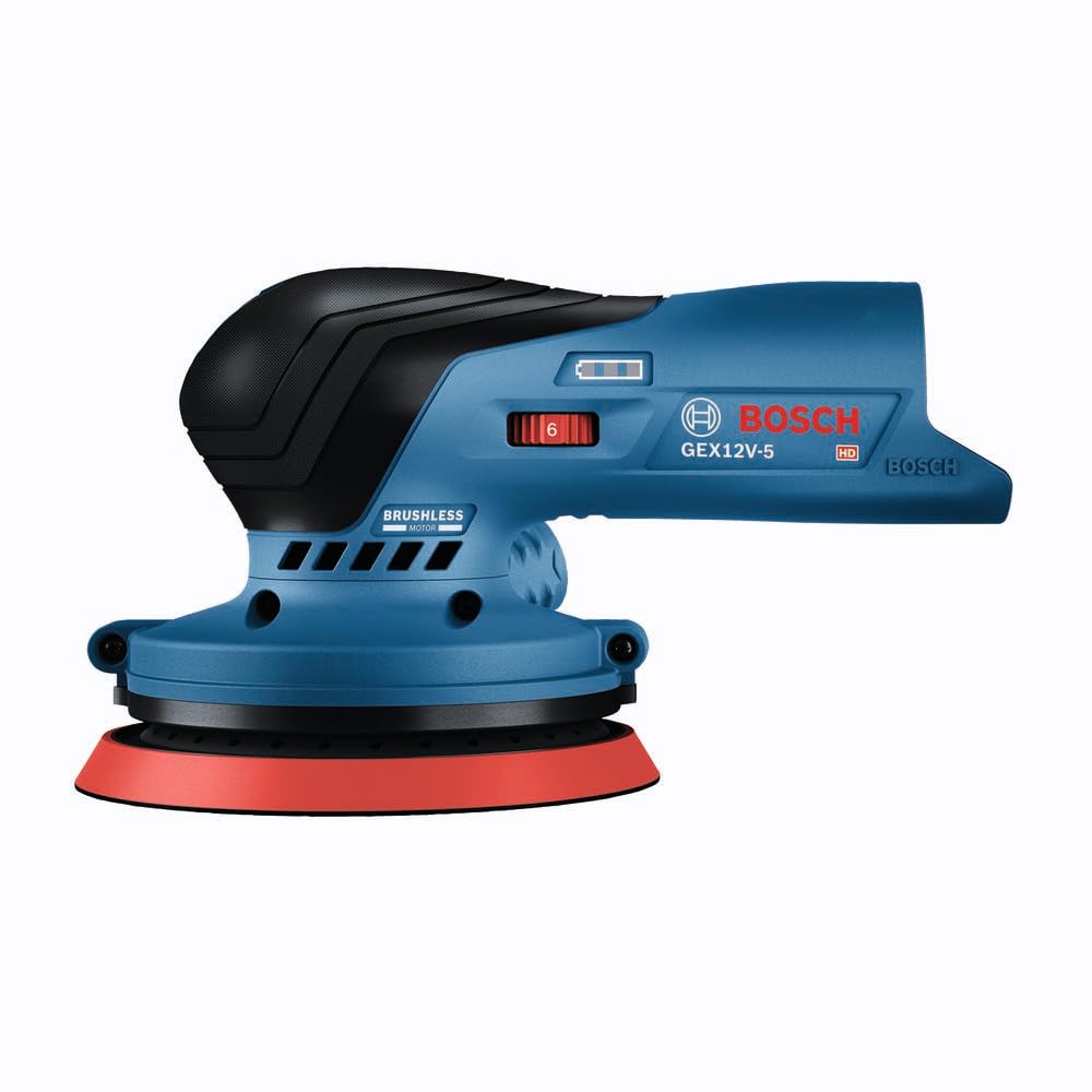 12V Max BOSCH GEX12V-5N Brushless 5" Random Orbit Sander - Ergonomic Palm Grip, Dust Collection System, Speed Selector, Soft-Start Technology (Bare Tool)