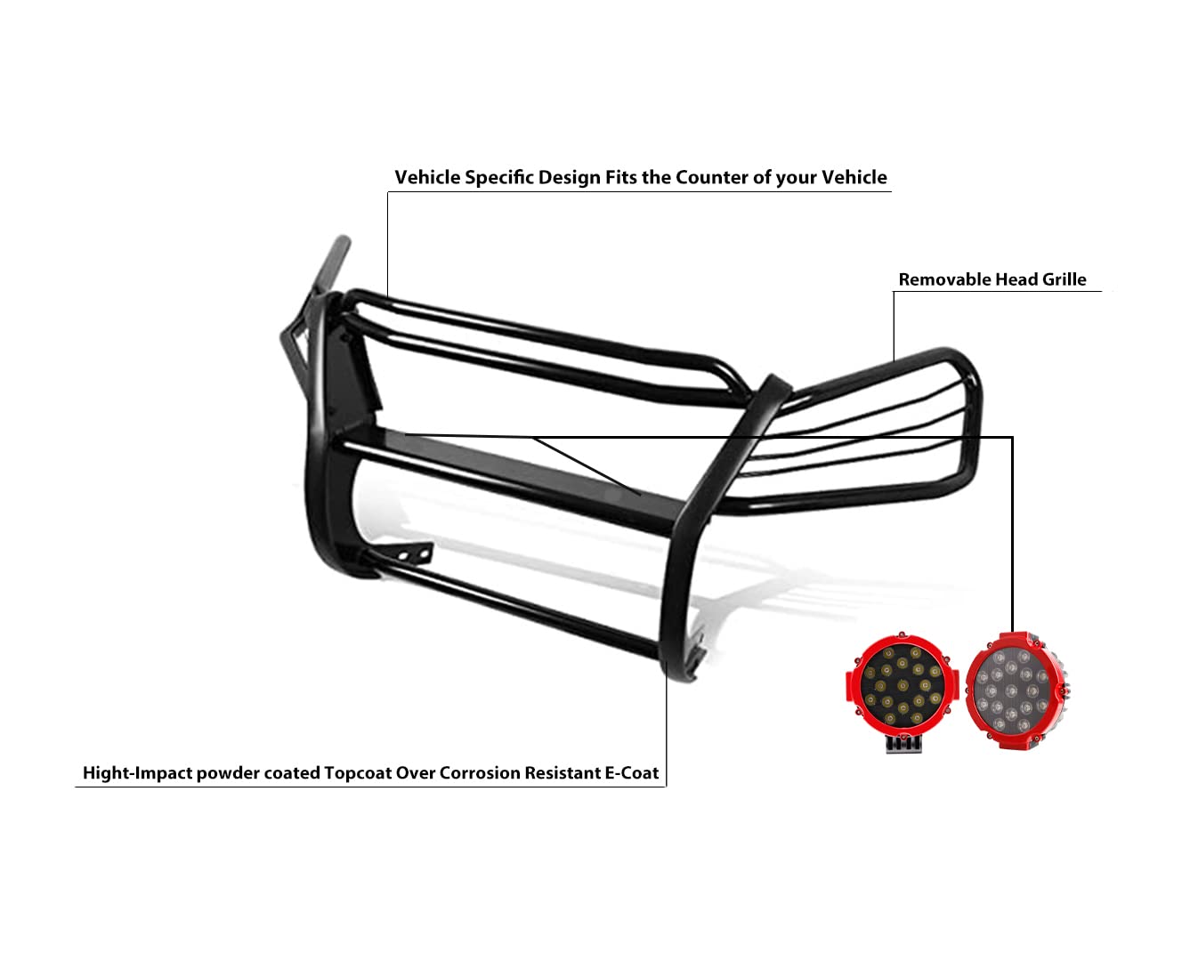 Black Horse Grille Brush Bumper Guard Black Modular Come with Pair of 7.0" Dia.LED Lights with Red Trim Rings Compatible with 1997-2001 Honda CR-V-PG24001MA-PLR