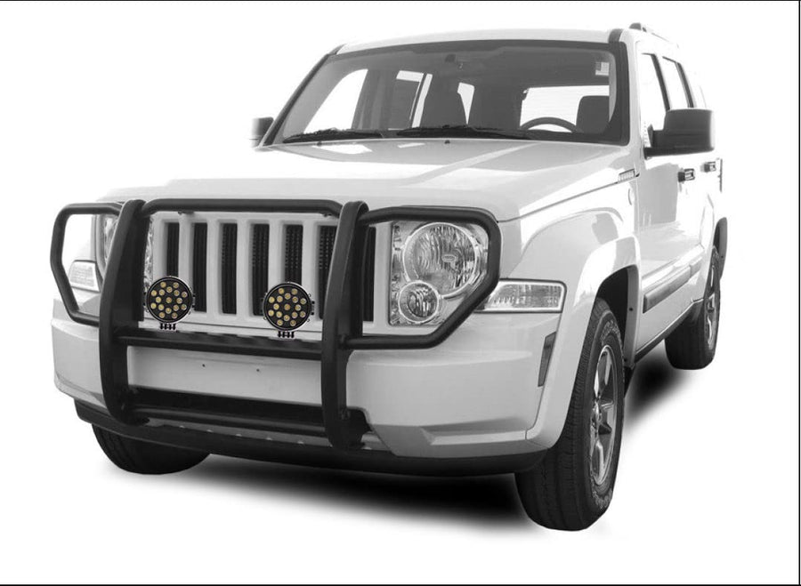 Bumper Guard Black Horse Grille brush 1-Piece Black Come With pair of 7.0"Dia.LED Lights with Trim Rings Compatible with 2008-2012 Jeep Liberty-17A086400A-PLB