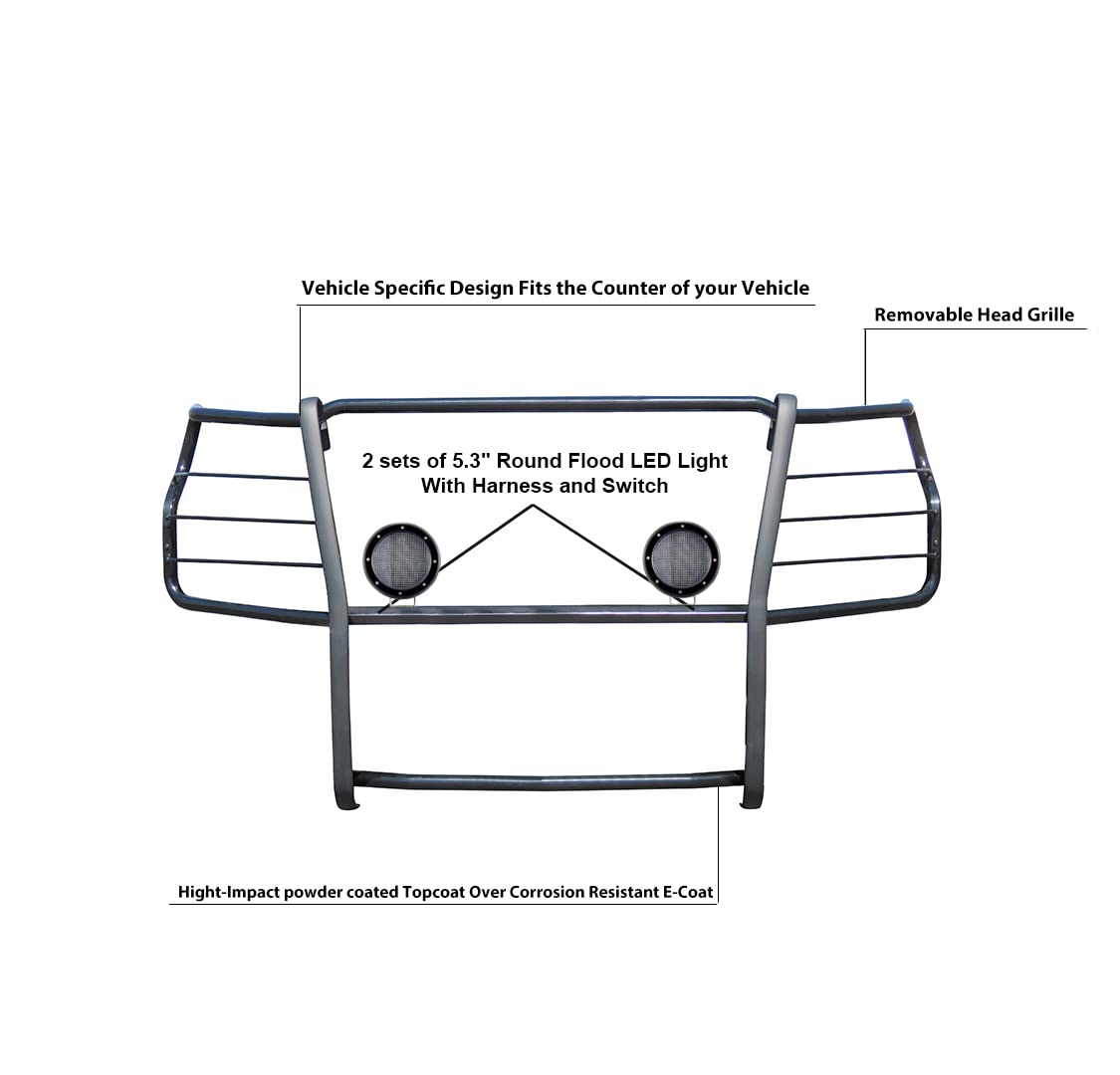 Black Horse Grille Brush Bumper Guard Black Modular Come with Pair of 5.3" Dia.LED Lights with Trim Rings Compatible with 2020-2024 Silverado 3500 HD|2020-2024 Silverado 2500 HD-17GT30MA-PLFB