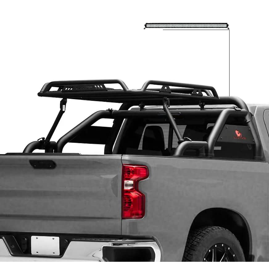 Warrior Black Horse Roll Bar Kit Compatible with 1/2 TON Trucks (GM Silverado 14+/Ford F150 15+/Dodge RAM 15+) with Full Size Cargo Basket(with RED Brake Light)-WRB-001BK-KIT