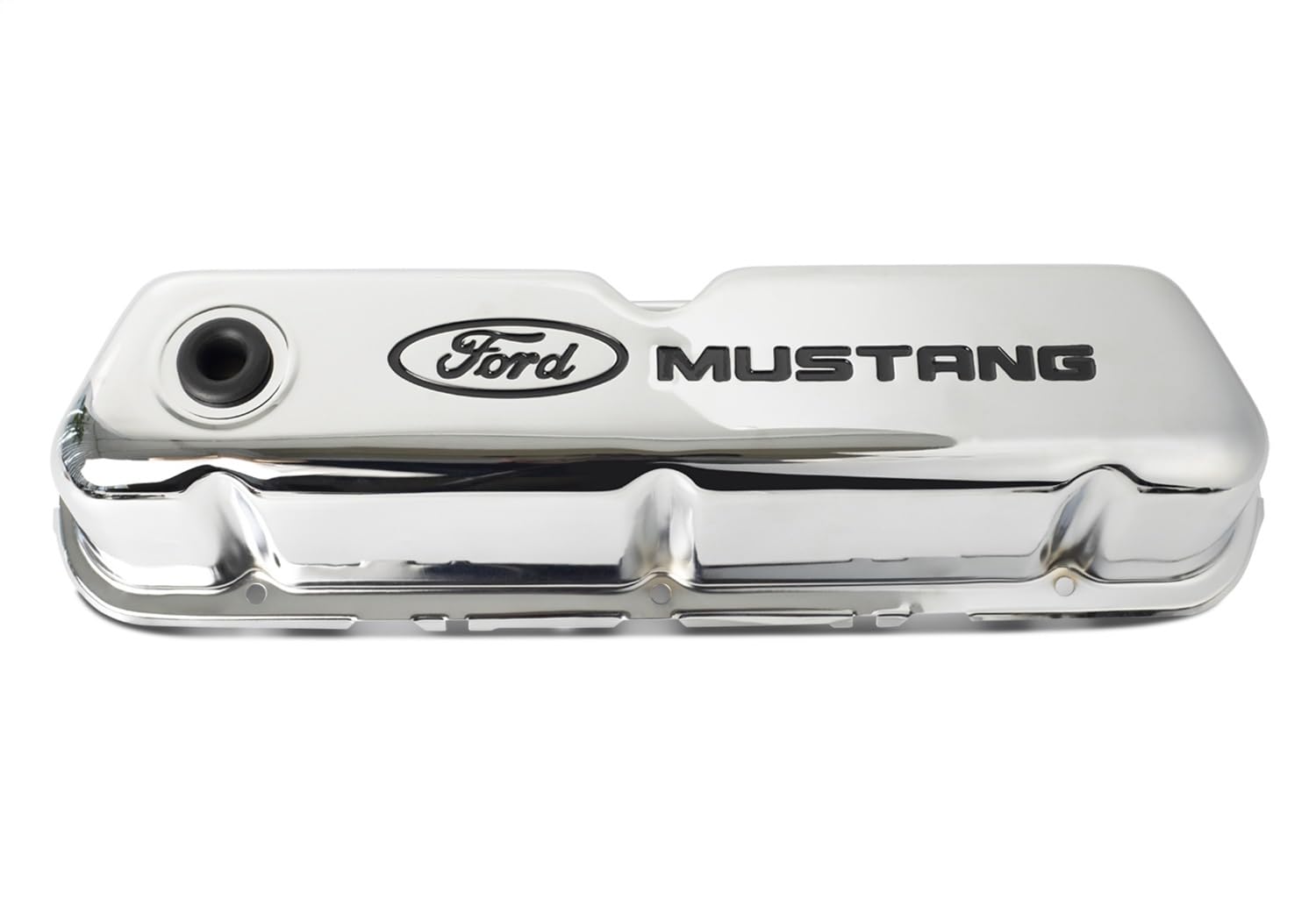 Ford Tall Valve Cover, Baffled, Breather Hole, Ford Mustang Logo, Steel, Chrome