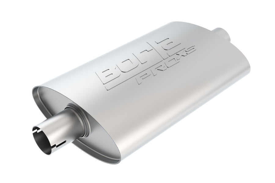 BORLA ProXS 400494 Muffler 2" Center Inlet/ 2" Center Outlet, 4" x 9.5" Oval, 14" Long Body, 19" Overall Length. Universal Part. Reversible Design. Notched Necks.