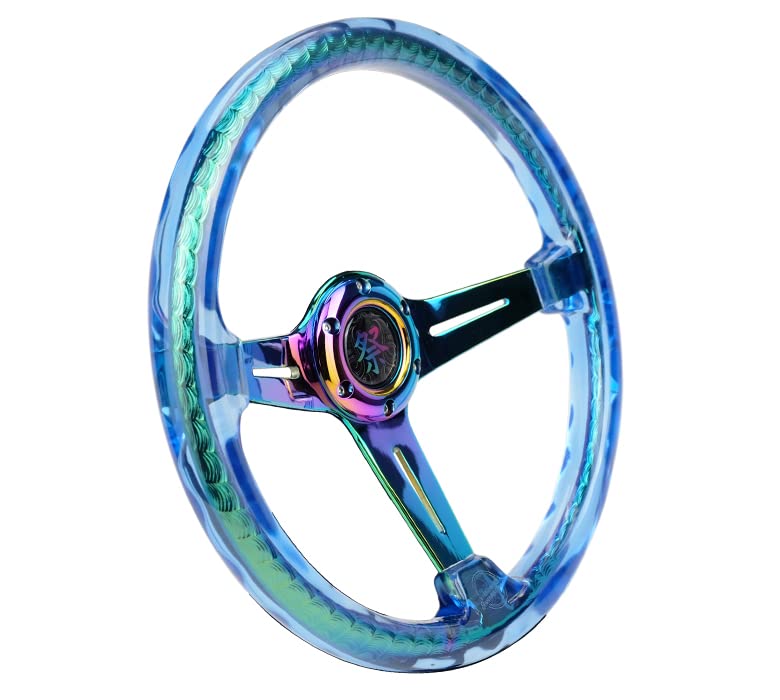 NRG Innovations Reinforced Steering Wheel NRG-RST-027MC-BL 350mm 2" Deep Dish Clear Acrylic Steering Wheel in Blue and NeoChrome Spoke Finish with Slits