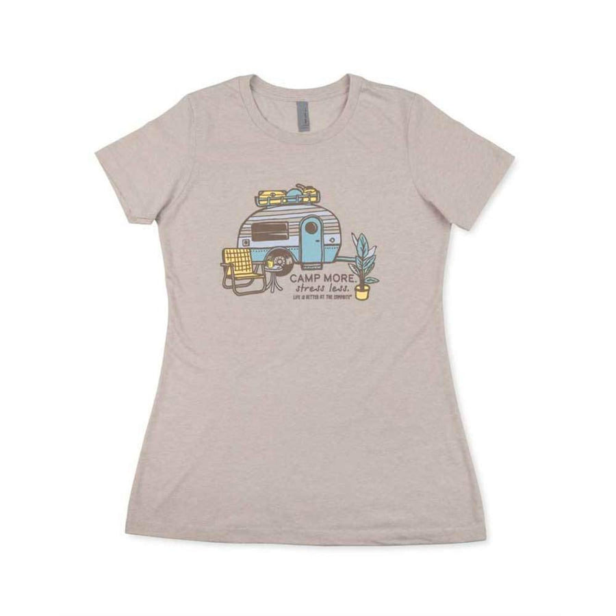 Camco Crew Neck Life is Better at The Campsite Short Sleeve T-Shirt | Features Soft Jersey Fabric, Camp More Stress Less RV Design on Sand Color, and is Machine Washable | Small (53425)