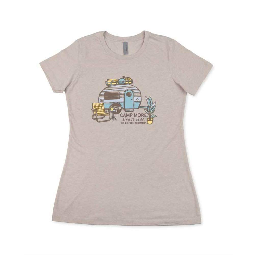 Camco Crew Neck Life is Better at The Campsite Short Sleeve T-Shirt | Features Soft Jersey Fabric & Camp More Stress Less RV Design on Sand Color | Machine Washable, X-Large (53428)