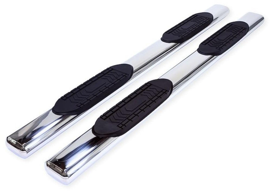 Truck Running Boards TrailFX A8220S Fits Chevrolet Silverado 1500 Extended Cab 2007-2018 Oval 6 Inch Straight Side Bars with Step Pads, Polished Stainless Steel, Welded End Caps, Rocker Panel Mount