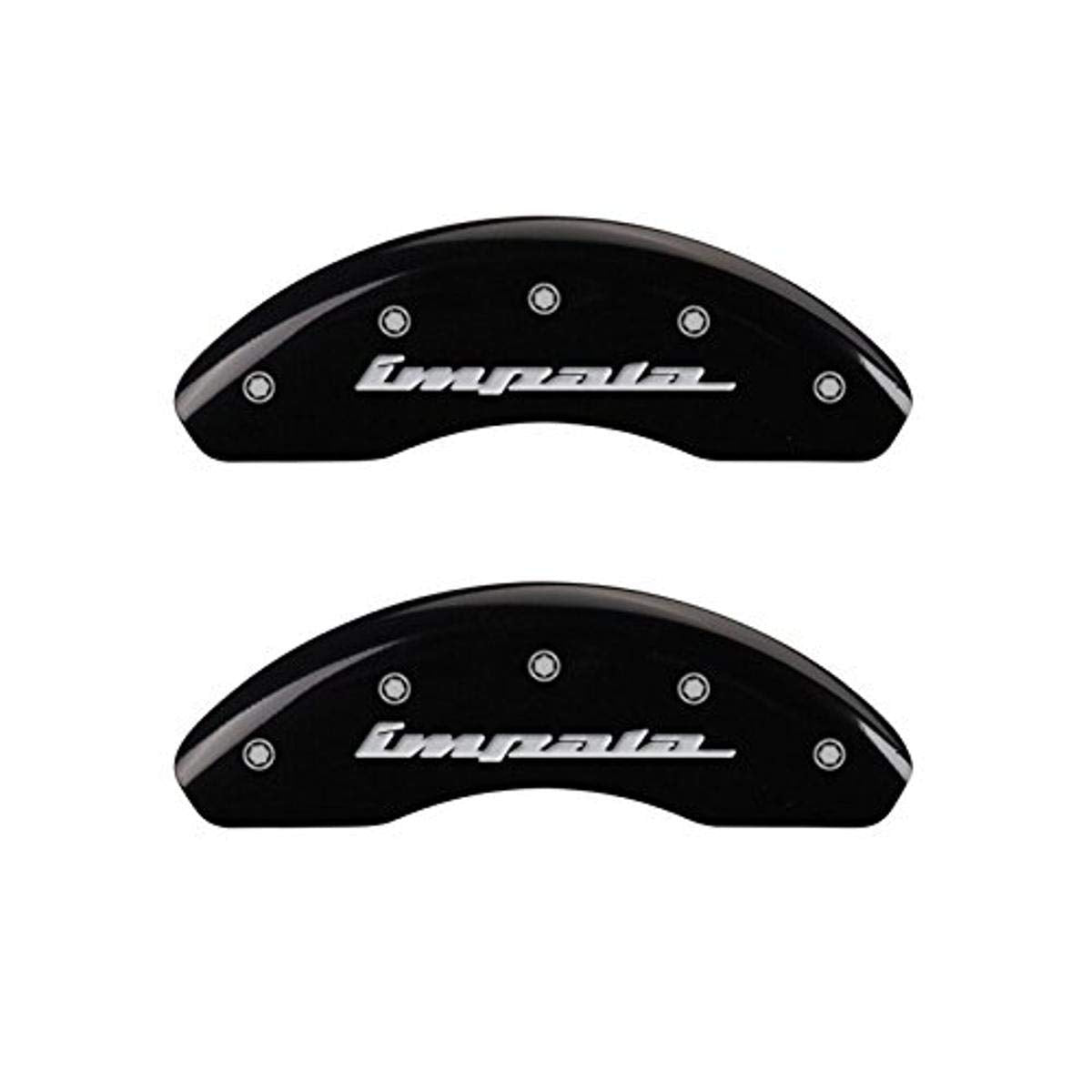 MGP Caliper Covers 'IMPALA' 14223SIMPBK Engraved Caliper Cover with Black Powder Coat Finish and Silver Characters, (Set of 4)