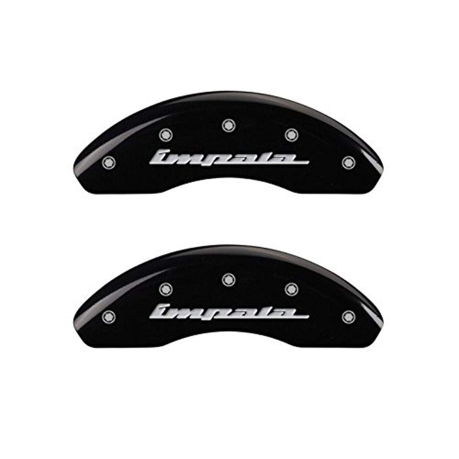 MGP Caliper Covers 'IMPALA' 14223SIMPBK Engraved Caliper Cover with Black Powder Coat Finish and Silver Characters, (Set of 4)