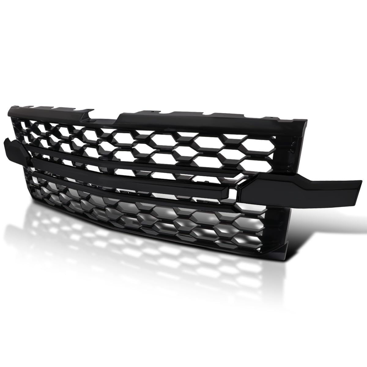 Honeycomb Glossy Black Spec-D Tuning Front Bumper Hood Grill Grille w/Black Trim Compatible with 2019-2022 Chevy Silverado 1500 WT