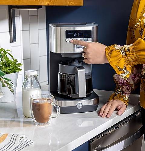 Drip Coffee Maker GE With Timer | 12-Cup Glass Carafe Coffee Pot With Adjustable Keep Warm Plate | Wide Shower Head for Maximum Flavor | Kitchen Essentials | Stainless Steel