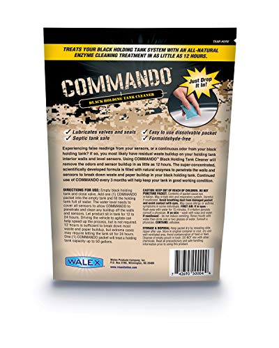 Walex RV Black Holding Tank & Sensor Cleaner Commando - Eliminates Waste & Paper Buildup, Restores Sensor Function, Lubricates Valves & Seals, Advanced Enzyme Formula; Dissolvable Packets, 4 Count