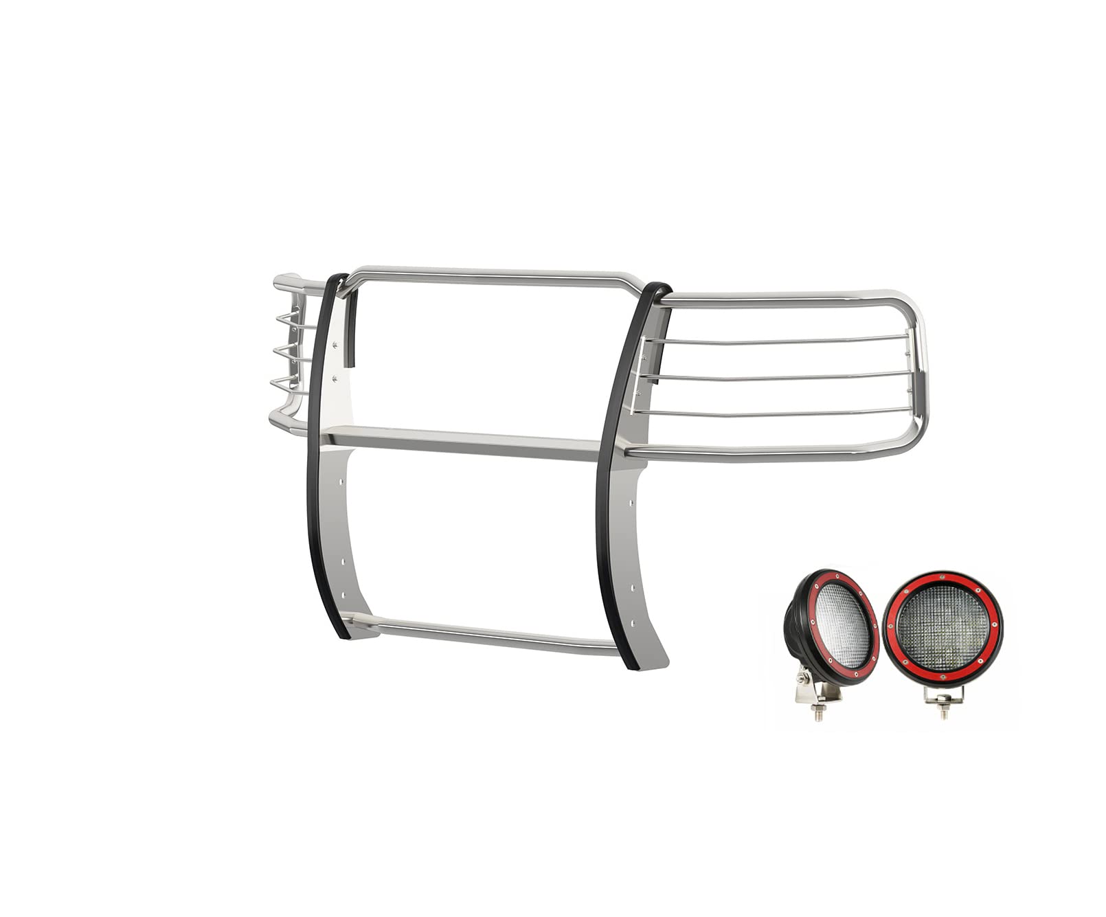 Grille Brush Black Horse Bumper Guard Modular Stainless Steel Come with Pair of 5.3" Dia.LED Lights with Red Trim Rings Compatible with 2014-2018 Chevrolet Silverado 1500-17GT27MSS-PLFR