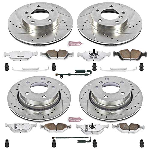 Power Stop Z26 K507-26 Front and Rear Carbon Fiber Brake Pads with Drilled & Slotted Brake Rotors Kit and 1 Front & 1 Rear Sensor Wires
