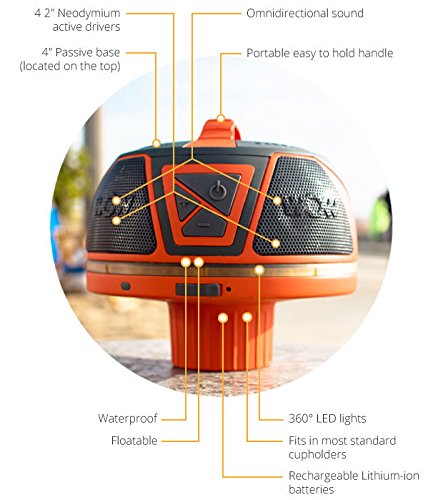 Wow World of Watersports 17-9000 Wow Sound, Bluetooth Floating Speaker, Waterproof, 50 Hour Battery, 360 Degree Sound, LED Light, Fits in A Cup Holder (Orange), 9 x 8.5"