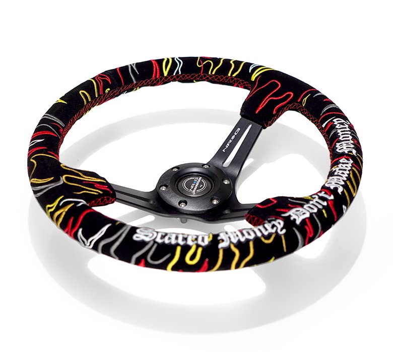 NRG Innovations Reinforced Steering Wheel NRG-RST-018MB-RLB, 3" Deep, 5 mm Black Spoke with Slit Spokes, Black Alcantara, Red Stitching