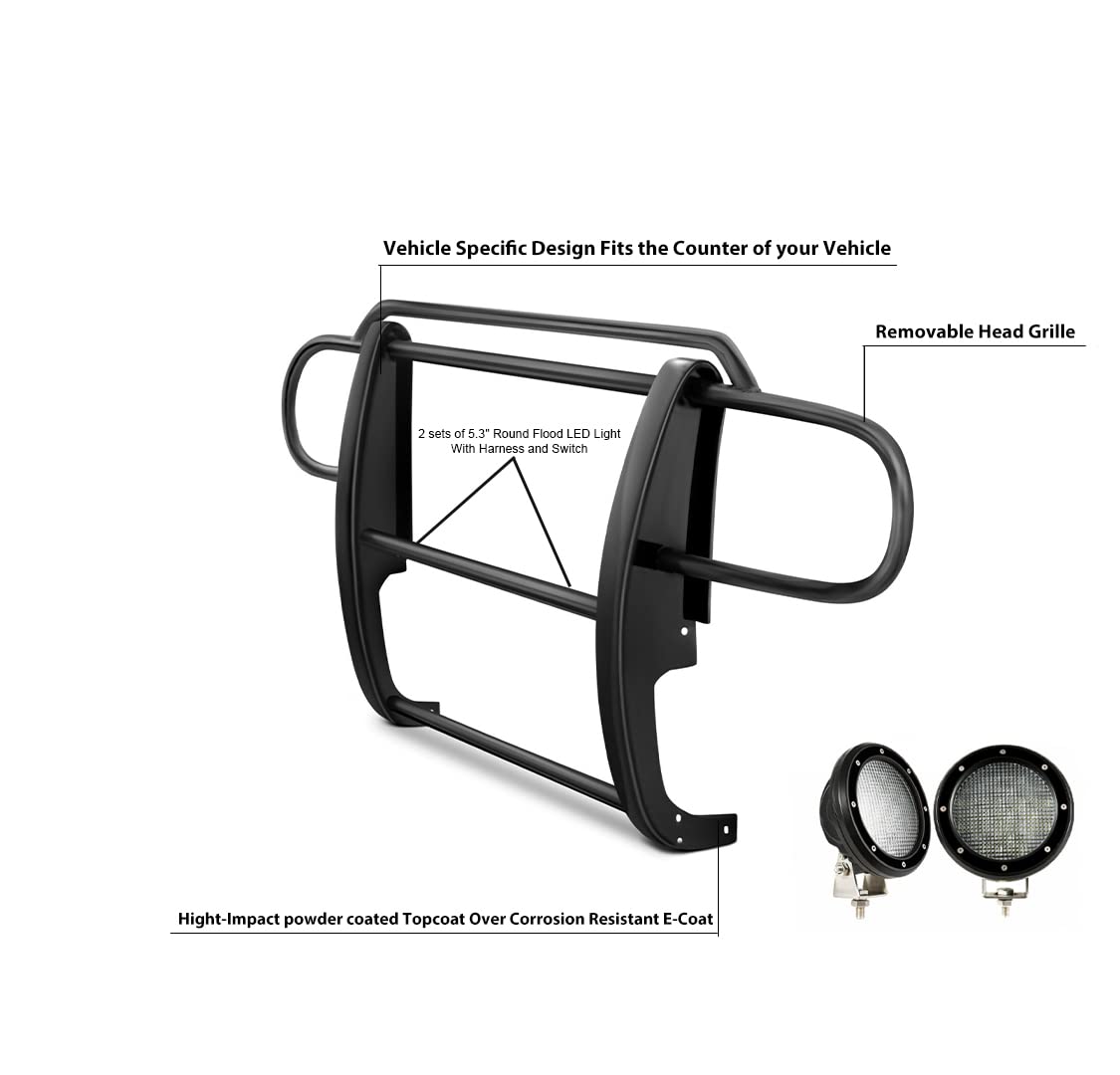 Grille Brush Black Horse Bumper Guard Modular Black Come with Pair of 5.3" Dia.LED Lights with Black Trim Rings Compatible with 2007-2017 Jeep Wrangler-17JPWRMA-PLFB