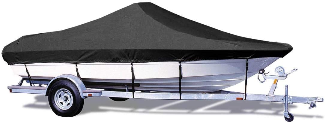 Semi-Custom Trailerite Boat Cover for Bay Style V-Hull Center Console Boats with Outboard Motor - Includes Motor Hood, Black (20'5" - 21'4" CL x 102" B)