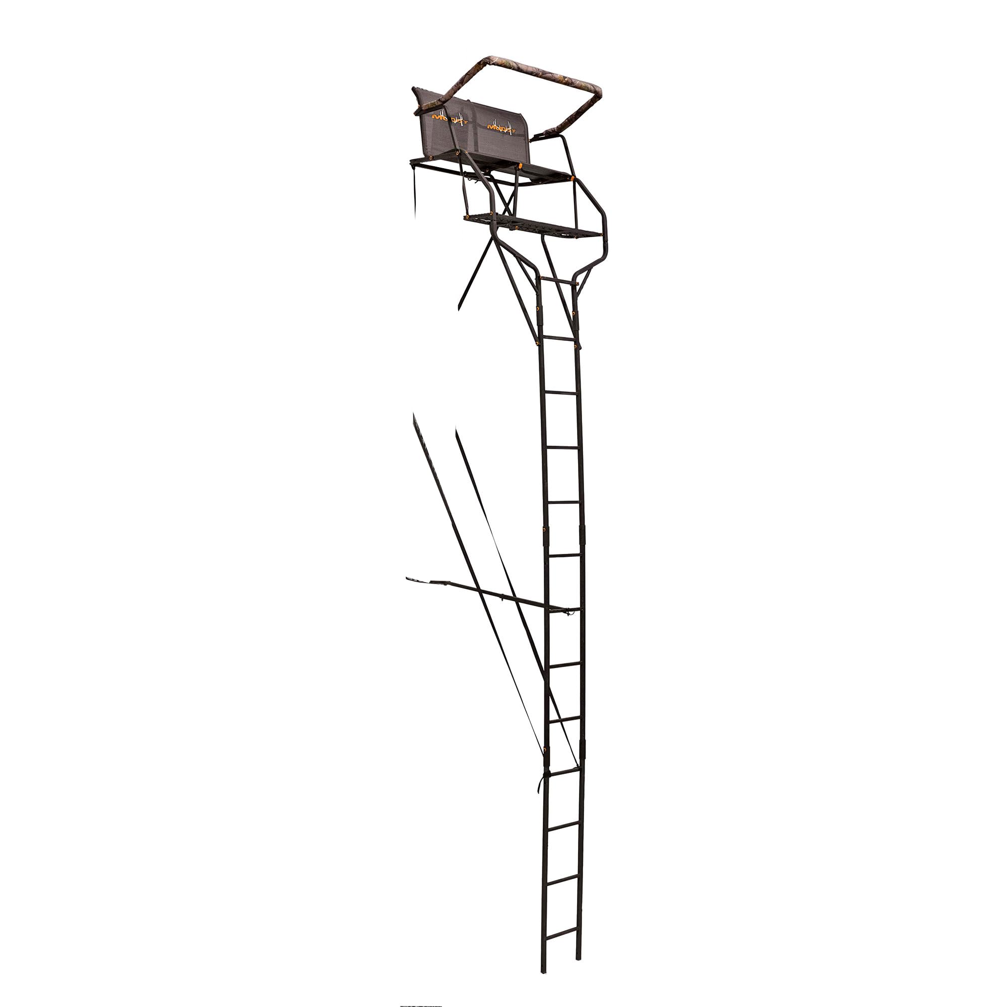 Double Droptine MUDDY Deer Hunting Ladderstand, 2 Person Climbing Tree Stand with Flex-Tek Seat and Padded Adjustable Shooting Rail