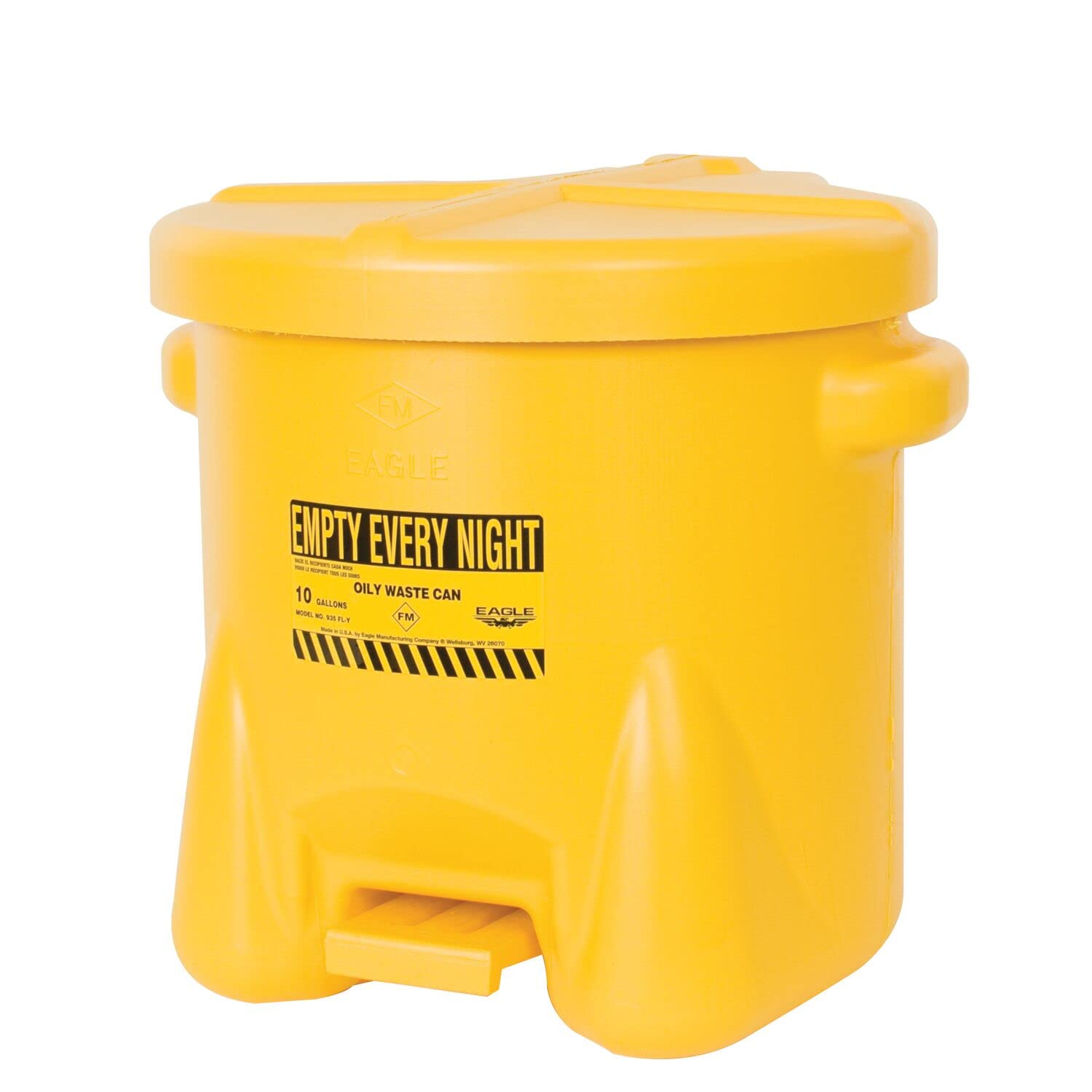 Eagle Oily Waste 935FLY Polyethylene Safety Can with Foot Lever, 10 Gallon Capacity, Yellow