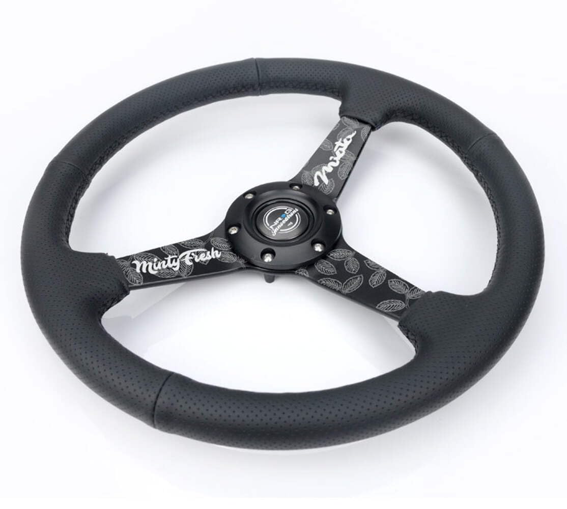 NRG Innovations 350mm NRG-RST-037MB-MF Sport Steering Wheel (1.5' deep) Black Perforated Leather with Black Stitching - Matte Black Solid Spokes