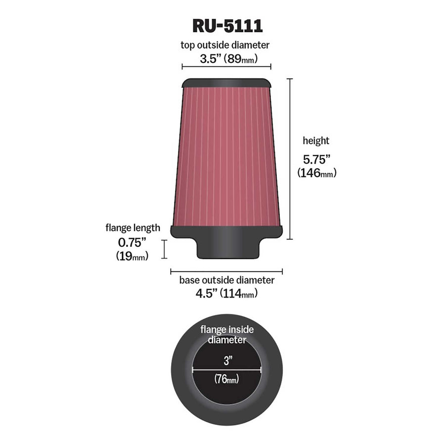 High-Flow K&N Original Lifetime Universal Clamp-On Air Filter: High Performance, Premium, Washable: Flange Diameter: 3 In, Filter Height: 5.75 In, Flange Length: 0.75 In, Shape: Round Tapered, RU-5111