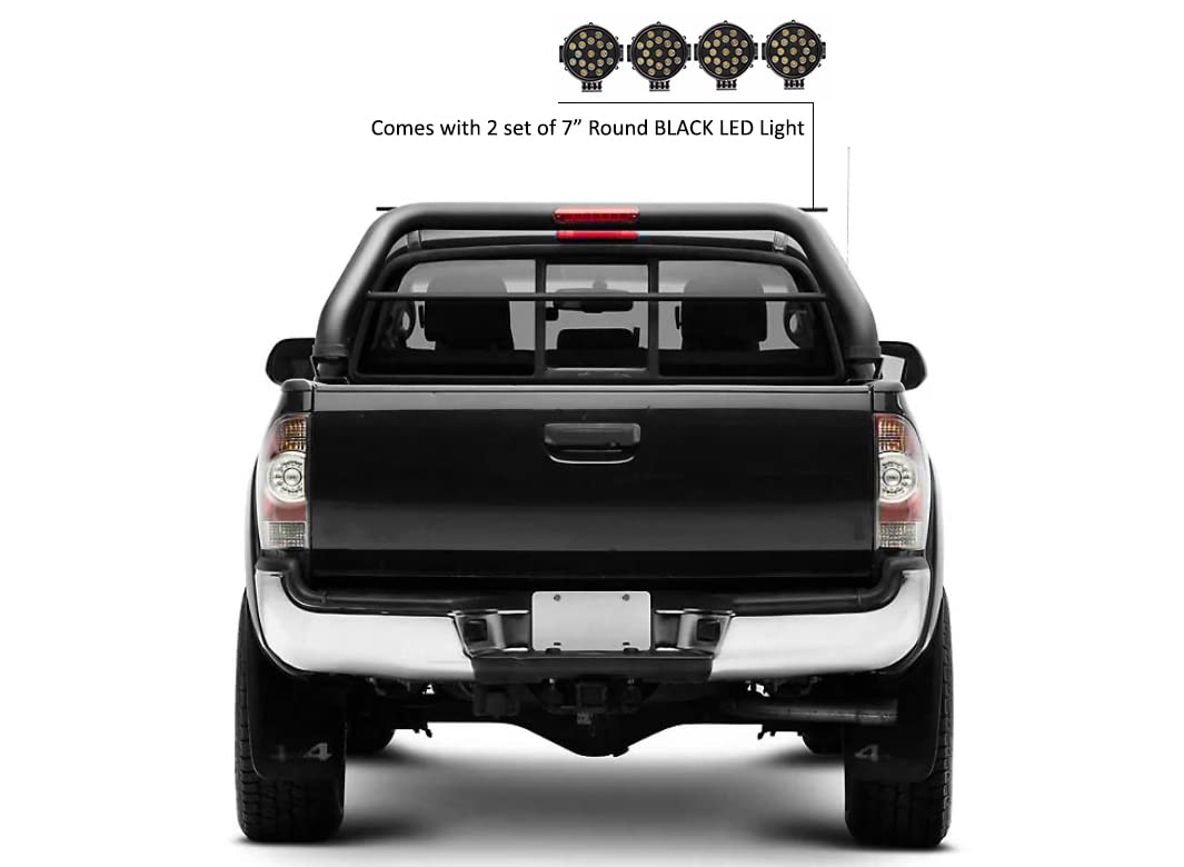 Classic Black Horse Roll Bar incl. Pair of 7.0" Dia. LED Lights w/Black Trim Rings Compatible with 2005-2024 Toyota Tacoma-RB006BK-PLB