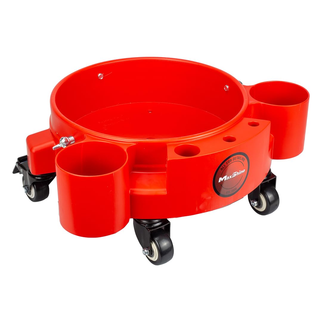 5 Gallon Maxshine Universal Rolling Bucket Dolly (Red) | Heavy-Duty Detailing Bucket Cart with 5 Wheels & 2 Locking Casters | Mobile Organizer for Compounds, Brushes & Car Wash Supplies