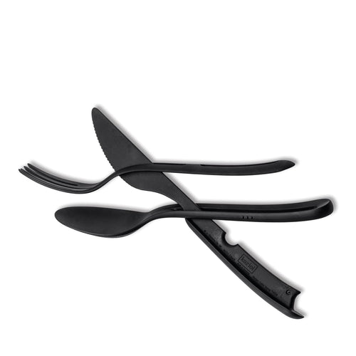 silwy® Tricky Cutlery Set (3-Piece Consisting of Knife, Fork and Spoon) in Black - Compact Click System Creates Organisation - Perfect for Camping, Caravaning and Boating