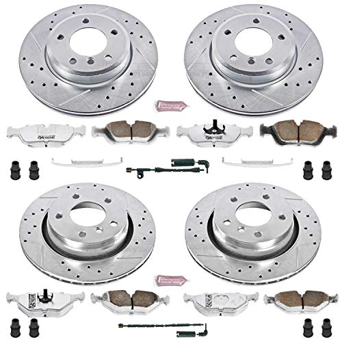 Power Stop K871-26 Z26 Carbon Fiber Brake Pads Front and Rear with Drilled & Slotted Brake Rotors Kit and 1 Front & 1 Rear Sensor Wires For BMW 3, 3, 325Ci, 325i, 3, 328i [Model Specific]