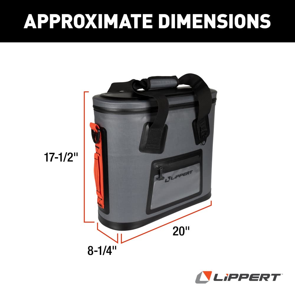 Lippert 30-Can Adventure Pro Soft Insulated Cooler Tote Bag, Up to 20 lbs. of Ice, 22-1/2 Quarts of Water, 8-1/4" x 20" x 17-1/2" Wide Mouth Opening, Padded Handle & Shoulder Strap - 2021099913