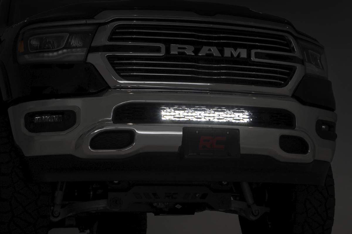 20" Rough Country Dual Row LED Light Bar Bumper Mount Kit with Amber DRL for Ram 1500 (2019-2024) - 120W, 9600 Lumen CREE LED, Combo Spot Flood Beam