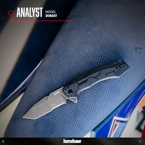 Kershaw Pocket Knife Analyst, Black Design, 3.25 Inch Stainless Steel Tanto Partially Serrated Blade, EDC with Assisted Opening, 4-Position Pocketclip, Everyday Carry Pocket Knife for Men and Women