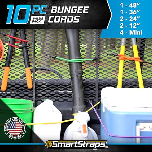 Adjustable SmartStraps Bungee Cord, Assorted Colors, 10 Pack – Includes Two 12”, Two 24”, One 36”, One 48”, and Four Mini Bungee Cords – Ideal for Securing Luggage, Gas Cans, and Coolers to Vehicles
