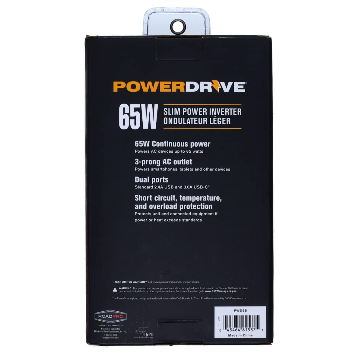 PowerDrive 65 Watt PWD65 Slim Power Inverter 12v DC to 110v AC with Outlet and 2 Ports
