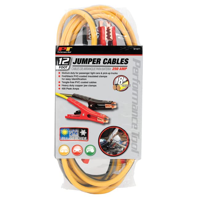 8GA x 12' Performance Tool W1671 Jumper Cables - Heavy Duty Booster Cables with Copper-Clad Aluminum Wire for Cars, Trucks, and SUVs