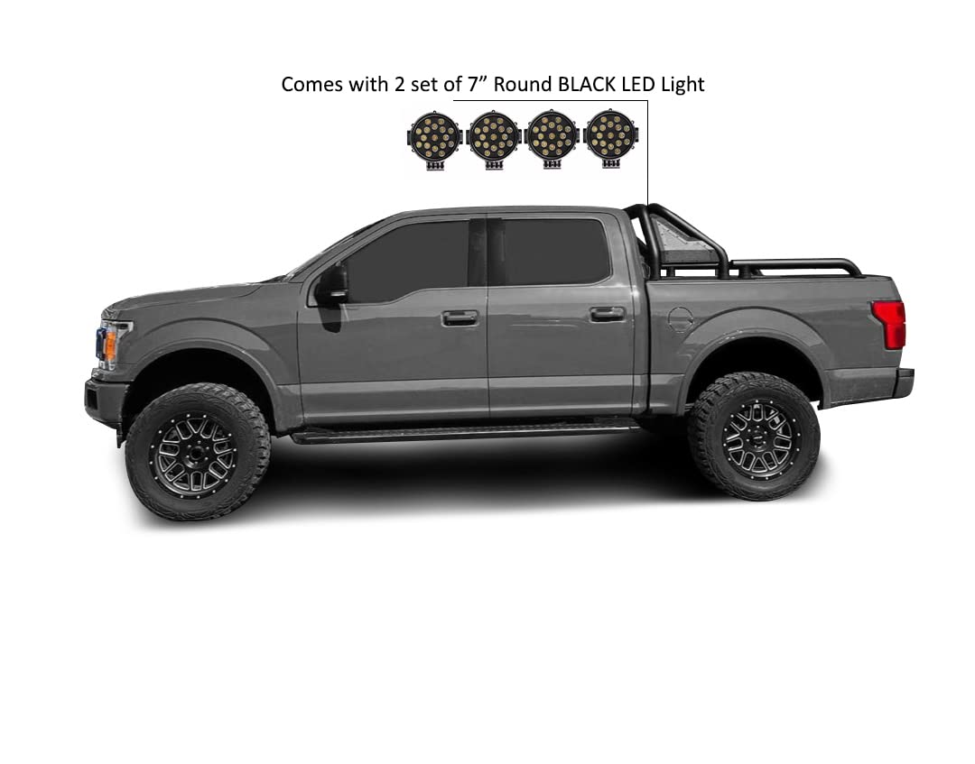 Gladiator Roll Bar Black Horse incl. Pair of 7.0" Dia. Led Lights w/Black Trim Rings Modular Black Compatible with Universal Roll Bar for 1/2 Ton Trucks (GM-Ford-Dodge- Tundra) -GLRB-01B-PLB